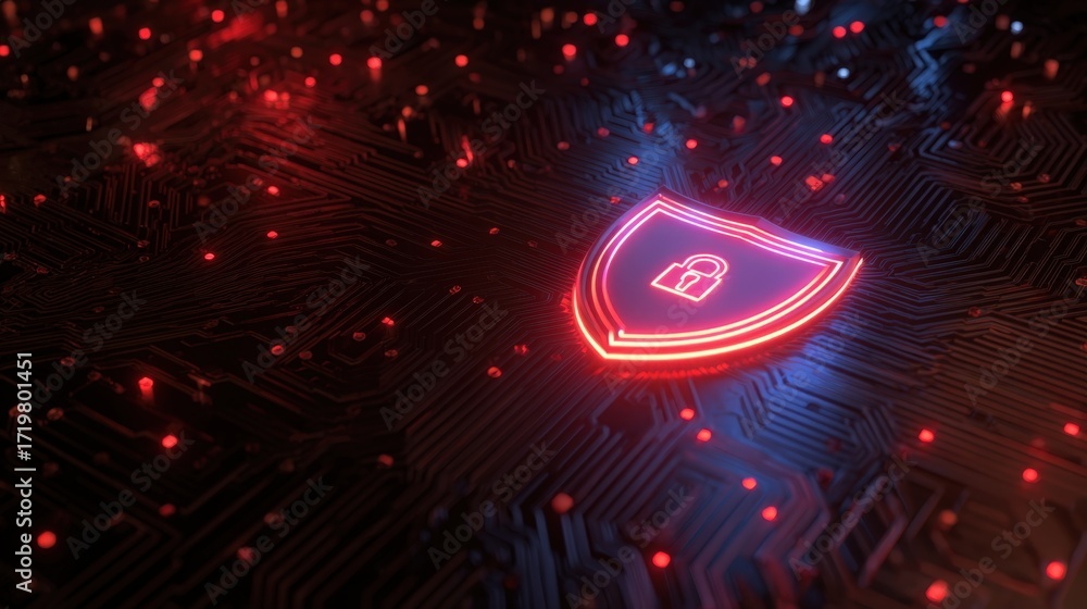 Poster digital circuit background with neon shield and lock symbol for cyber security concepts