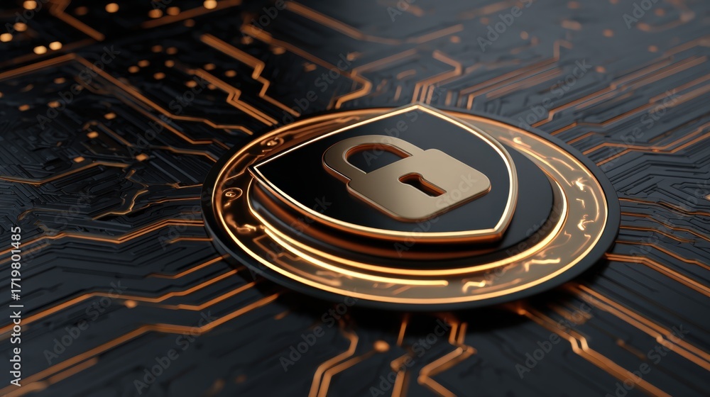Poster digital lock on circuit board background with golden accents for security concept and technology vis