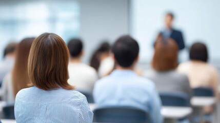 Fototapeta premium Professional audience engaged in a conference presentation inside a modern meeting room with a speaker addressing the group in soft focus background