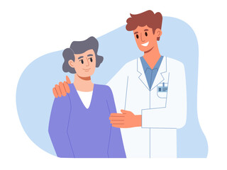 Fototapeta premium Medical care concept. Young doctor take care of old lady. Elderly people support. Vector illustration.
