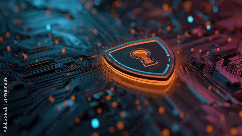 Poster digital cyber security shield with keyhole on technological circuitry background in neon colors