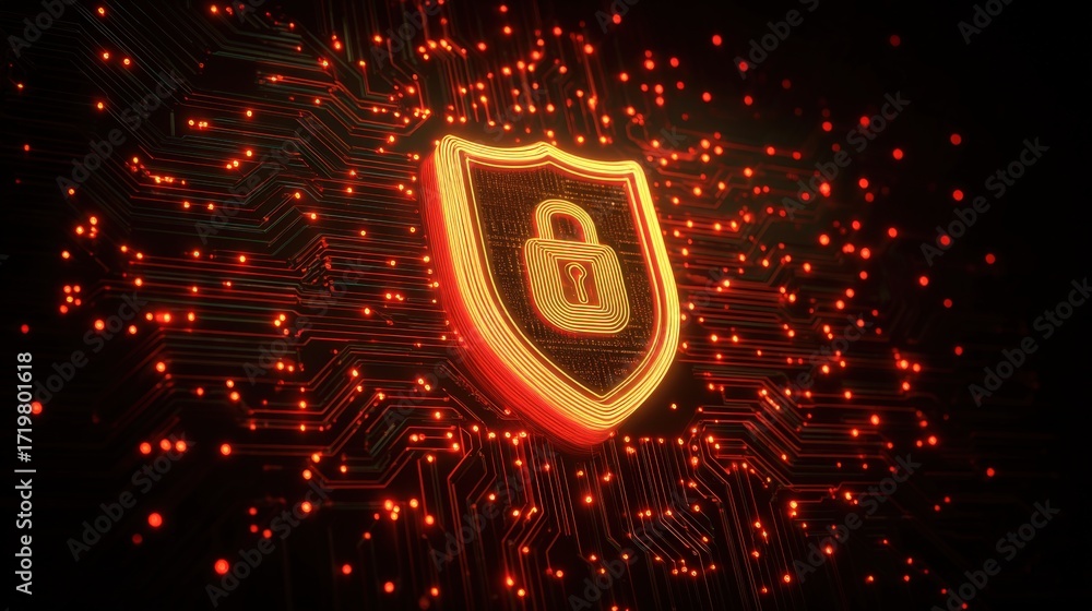 Poster digital shield icon representing cybersecurity on circuit background with glowing particles and line