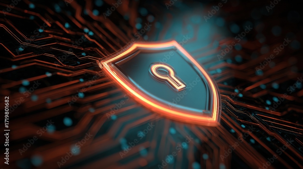 Poster digital security background with shield and keyhole in futuristic circuit design for cyber protectio