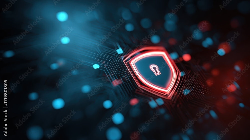 Poster futuristic digital shield with lock symbol in a blue and red technological background design
