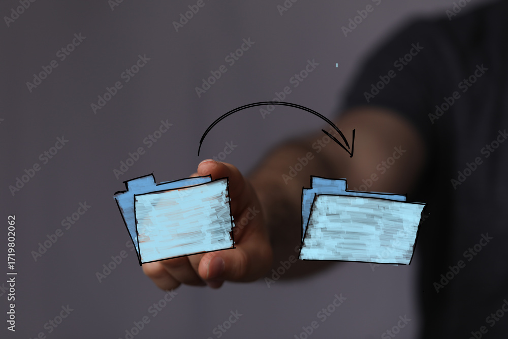 Poster concept image: transferring data, file sharing, online storage, cloud computing, digital workflow, e