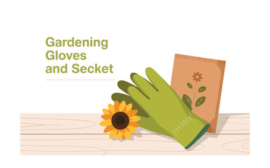 Gardening Essentials: Gloves, Sunflower, and Seeds Illustration for Gardening and Floral Themes on Wooden Table for Commercial and Personal Projects