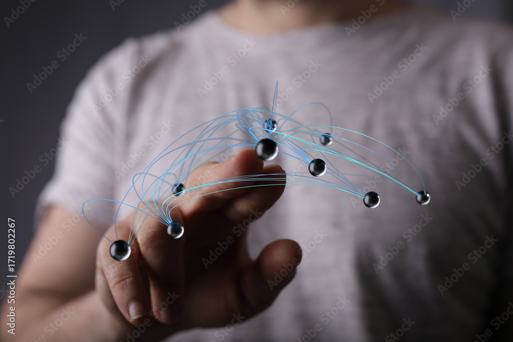 Poster abstract image of a hand interacting with a digital network. ideal for tech, connection, and global 