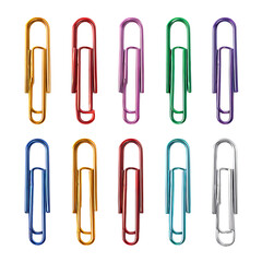 A collection of vibrant paper clips arranged in a grid pattern showcasing a rainbow assortment of colors on a stark transparent background