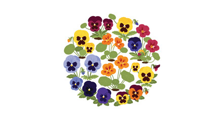 Circular Arrangement of Colorful Pansies and Nasturtiums: A Bright and Cheerful Floral Design for Spring, Summer, or Garden-Themed Projects and Creative Designs