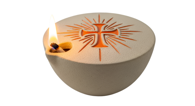 Lit Oil Lamp with Christian Cross Symbol