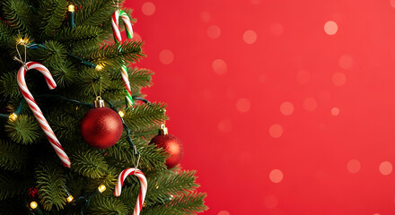 Christmas Tree Branches with Red Ornaments and Candy Canes