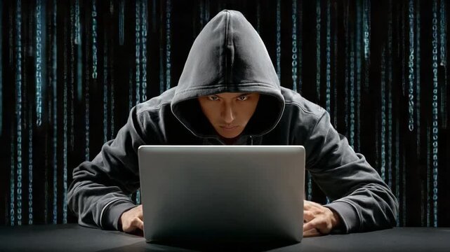 Cybersecurity Threat: A hooded figure fixated on a laptop, embodying digital danger amid cascading code. A captivating scene of cybersecurity concerns.