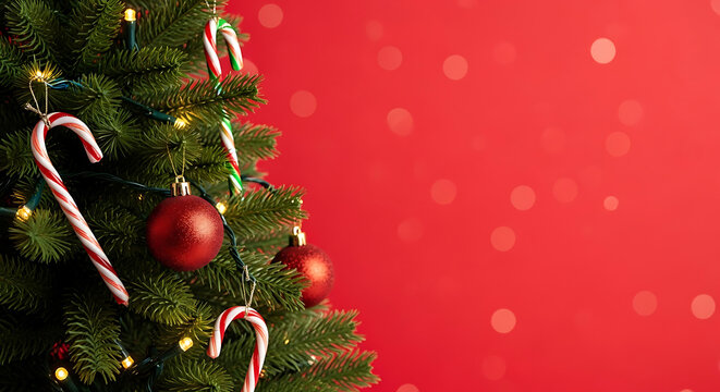 Christmas Tree Branches with Red Ornaments and Candy Canes