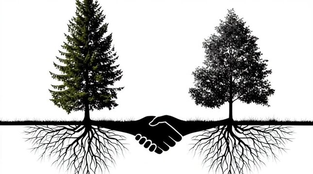 Trees with Intertwining Roots Forming a Handshake, Representing Unity, Strong Partnership, Collaboration, and a Deep Connection Between Nature and Agreement
