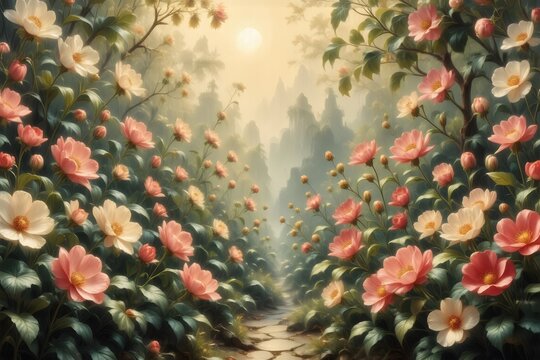 Floral garden with blooming flowers at the top, ample blank space below for text, seamless pattern, decorative ornament style, vibrant colors, suitable for wallpaper or decor. - Powered by Adobe