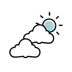 Vector art of simple cartoon illustration of the sun peeking from behind two fluffy clouds