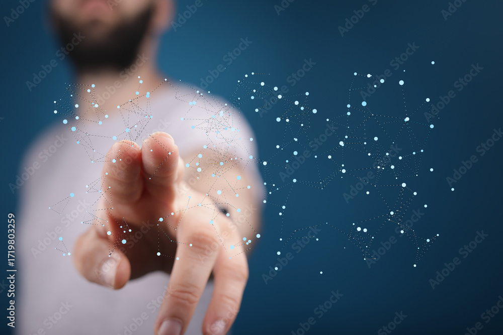Poster abstract image of a hand interacting with a digital network, representing connection and technology.