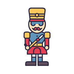 Vector art of cartoon illustration of a toy soldier with a yellow hat, blue jacket, and red skirt