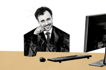 Composite photo collage of happy businessman it master sit office workplace pc monitor keypad mouse isolated on painted background