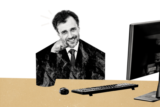 Composite photo collage of happy businessman it master sit office workplace pc monitor keypad mouse isolated on painted background