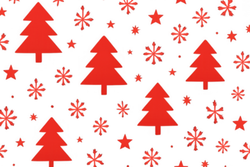 Red christmas tree, snowflake, and star seamless pattern on transparent background, holiday season repeating design