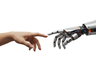 Human hand and robotic arm fingers reaching out to touch in a symbolic gesture isolated on transparent background