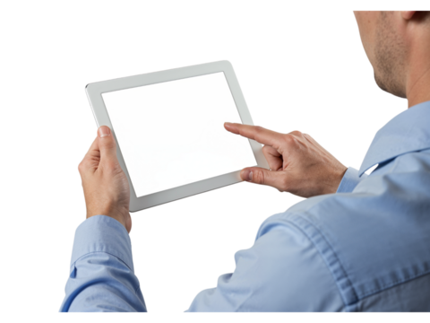 Man in blue shirt holding and touching a white tablet computer with a blank screen isolated on transparent background
