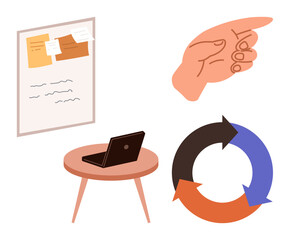 Notes on board, pointing hand, laptop on table, and circular arrows cycle. Ideal for organization, planning, communication, teamwork workflow collaboration productivity. Simple flat metaphor