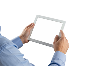 Person holding a white tablet computer with a blank screen in their hands isolated on transparent background