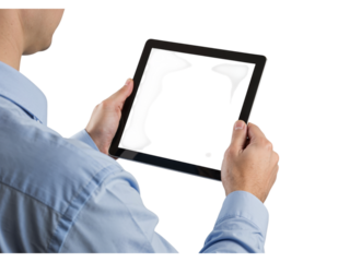 Man in blue shirt holding a modern tablet computer in his hands isolated on transparent background