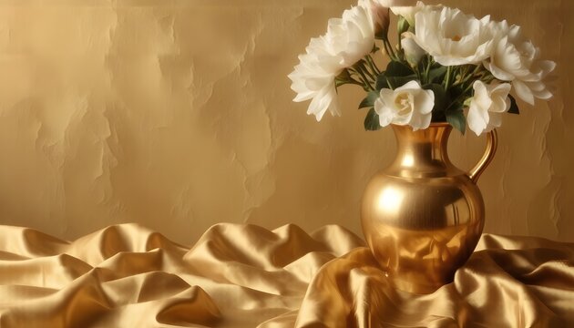 Golden vase with white flowers on golden silk cloth, positioned on the right, ample copy space on the left, clear subject focus for photo.