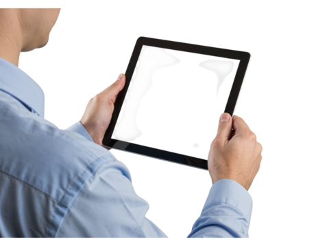 Man in blue shirt holding a modern tablet computer in his hands isolated on transparent background