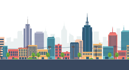 Obraz premium A vibrant cityscape illustration featuring a diverse collection of modern buildings and skyscrapers.