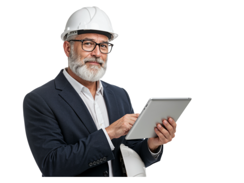 Experienced bearded engineer wearing a white hard hat and glasses using a tablet computer isolated on transparent background