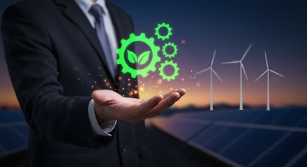 Business Executive Holding Green Energy Symbol with Wind Turbines and Solar Panels