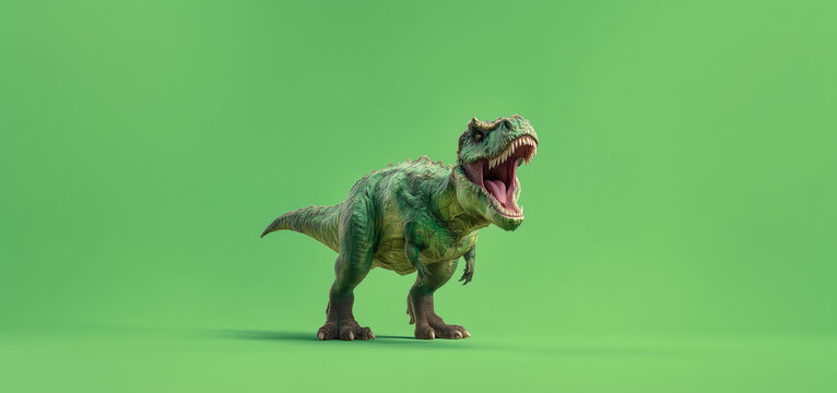 Realistic representation of a roaring Tyrannosaurus rex dinosaur against a vibrant green backdrop showcasing impressive detail and lifelike features