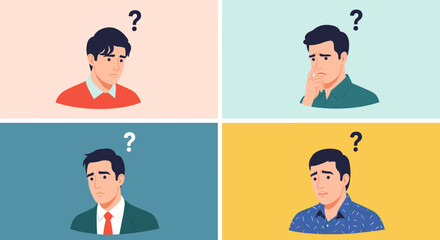 Four men show confused facial expressions with question marks floating above their heads.