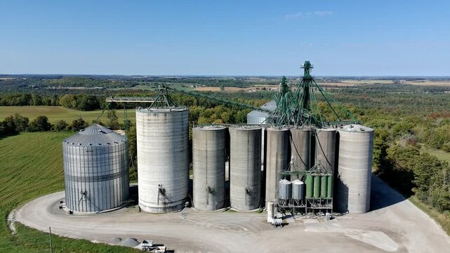 Large grain silos used to store agricultural products such as grains, corn and soybeans, in Ontario Canada