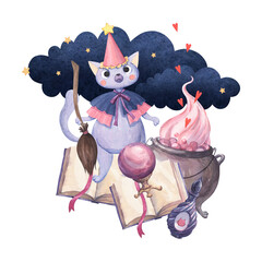 Watercolor illustration of a wizard cat with a broom and magical attributes