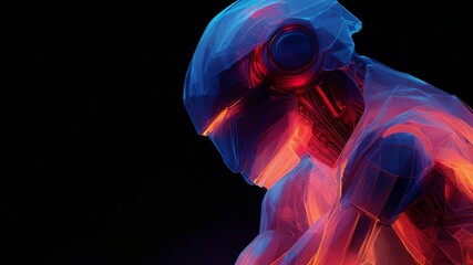 Advanced android engaged in an intense online gaming session, showing deep concentration and focus while competing in a futuristic e sports tournament against other players in a virtual world