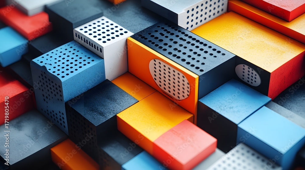 Poster vibrant geometric shapes form a dynamic, abstract composition. colorful cubes and prisms create a pl