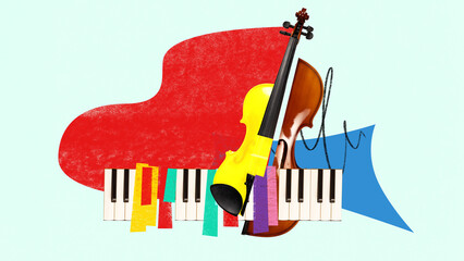 Bright surreal violin and piano artwork with colorful accents. Concept of art exhibitions, cultural media design, festival posters, and lifestyle promotional campaigns. © Lustre Art Group 