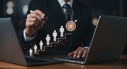 Business Growth and Success Concept: Person Drawing Career Ladder and Target