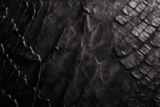 Close up of black snake skin fabric, subject positioned at the top with ample empty space below for copy, clear focus on texture and pattern.