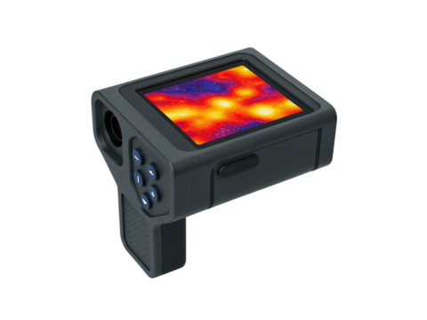 Modern handheld thermal imaging camera displaying a heat map with vibrant colors isolated on transparent background