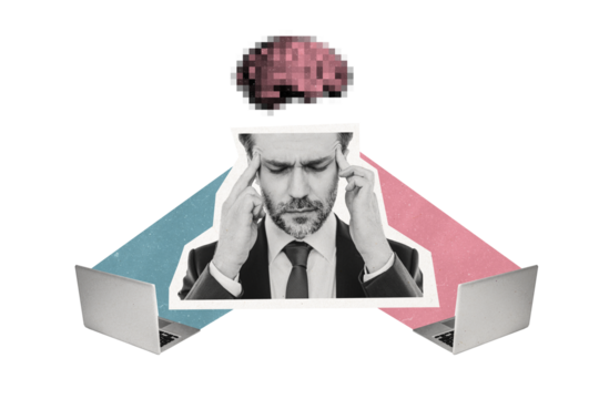 Composite photo collage of upset stressed businessman hold head suffer pain blurred brain macbook devices isolated on painted background