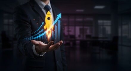 Business Growth Rocket Launching from Hand with Upward Graph