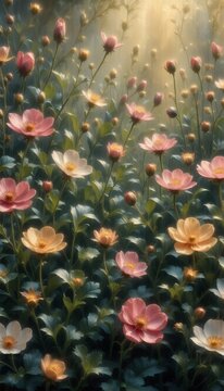 Seamless folk pattern of small wild flowers in sparkling style, country millefleurs design, floral meadow background, Subject on the left with ample clear copy space on the right for use.