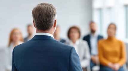 Professional speaker presenting to engaged audience in modern conference room, business event with diverse participants listening attentively
