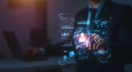 Business intelligence analytics dashboard with human icon, data visualization and global connections